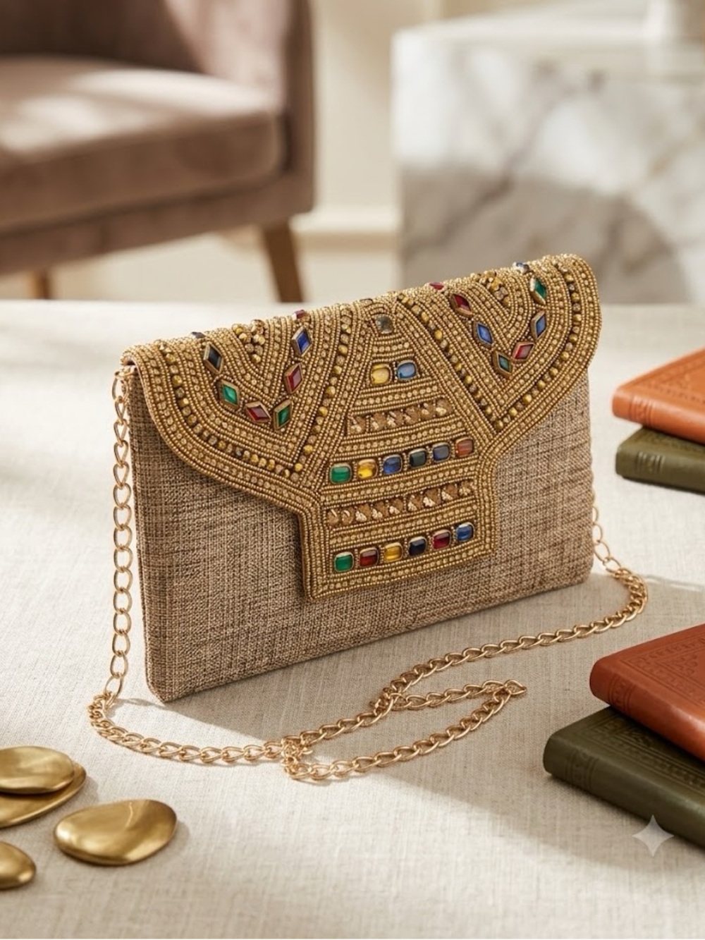 Embellished Beige Evening Clutch with Gold Chain